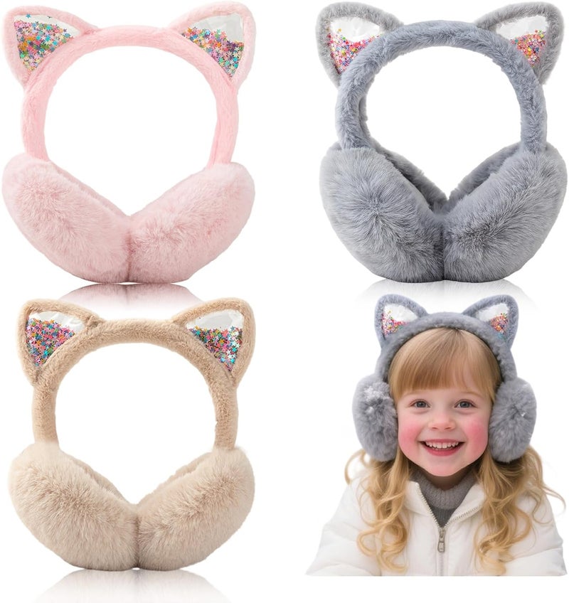 Adboros 3Pcs Cute Animal Ear Muffs Winter Warm Fluffy Cat Ear Earmuffs Cozy Ear Warmers for Girls Boys Kids Children Outdoor - Image 1